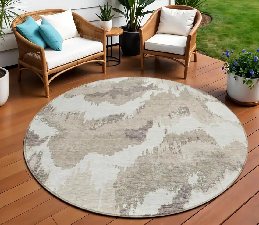 8' Beige Brown And Ivory Round Abstract Washable Indoor Outdoor Area Rug Photo 1