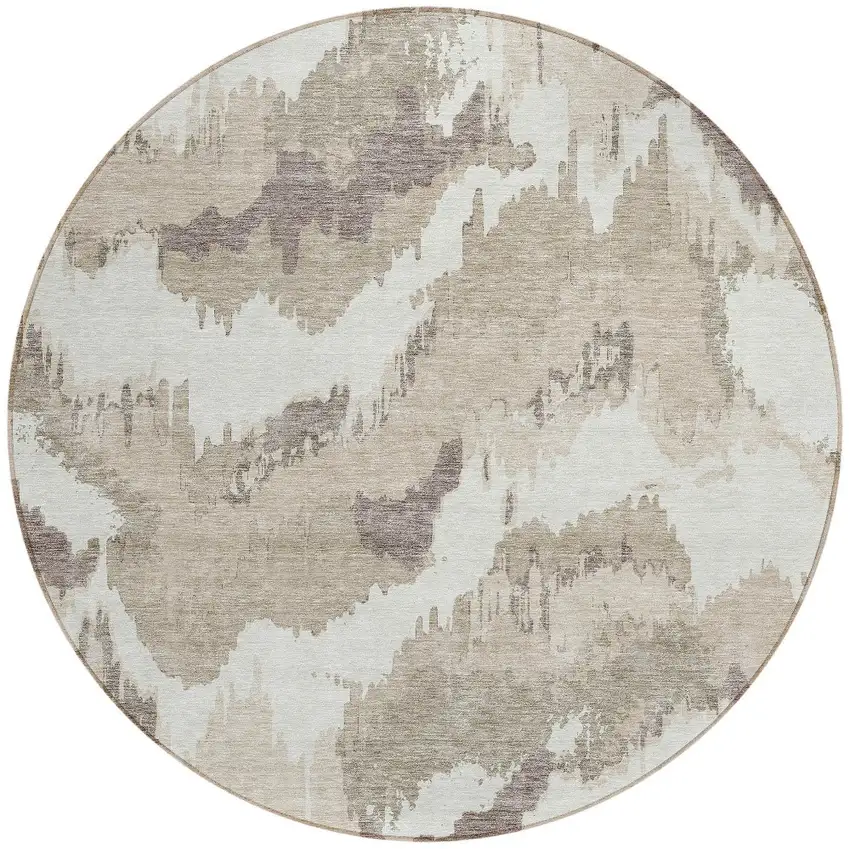 8' Beige Brown And Ivory Round Abstract Washable Indoor Outdoor Area Rug Photo 6