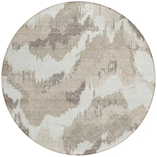 8' Beige Brown And Ivory Round Abstract Washable Indoor Outdoor Area Rug Photo 6