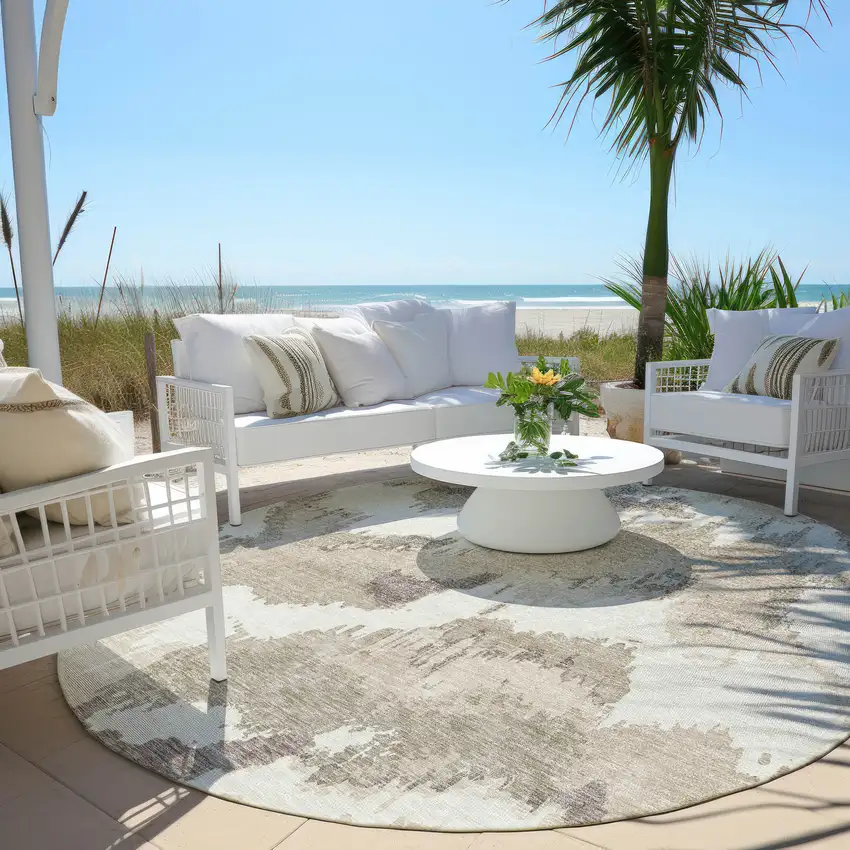8' Beige Brown And Ivory Round Abstract Washable Indoor Outdoor Area Rug Photo 7