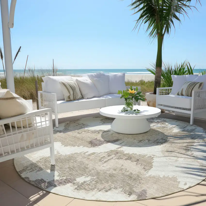 8' Beige Brown And Ivory Round Abstract Washable Indoor Outdoor Area Rug Photo 7