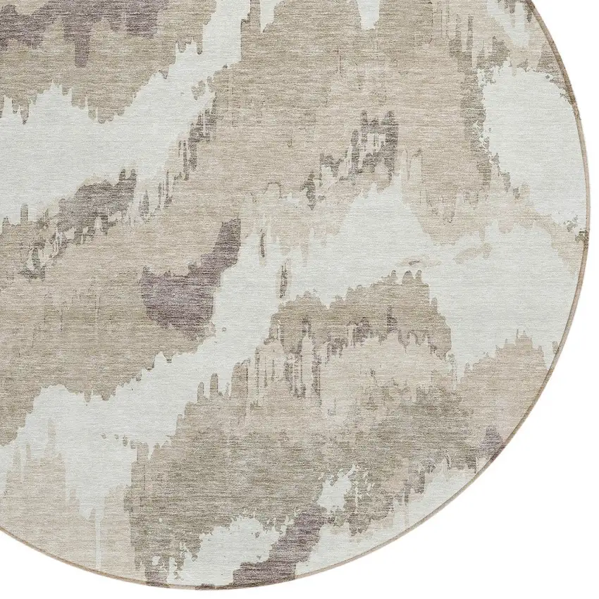 8' Beige Brown And Ivory Round Abstract Washable Indoor Outdoor Area Rug Photo 4