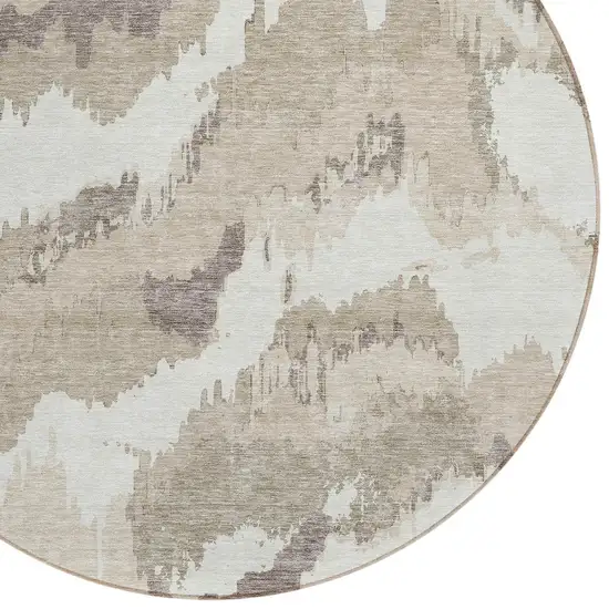8' Beige Brown And Ivory Round Abstract Washable Indoor Outdoor Area Rug Photo 4