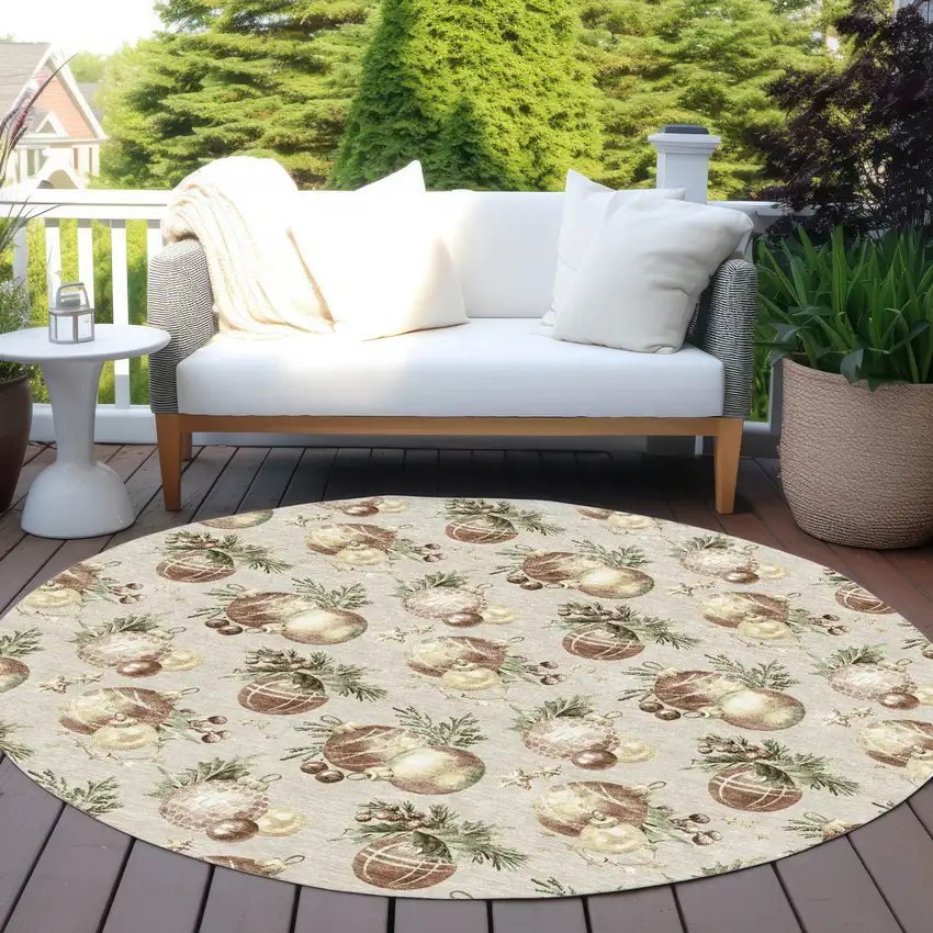 8' Beige Brown And Ivory Round Botanical Leaves Washable Indoor Outdoor Area Rug Photo 5