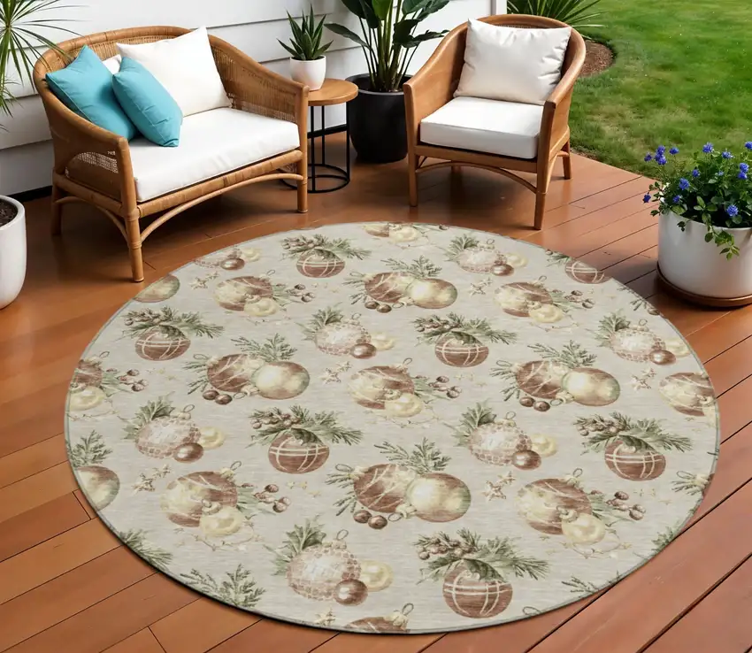 8' Beige Brown And Ivory Round Botanical Leaves Washable Indoor Outdoor Area Rug Photo 2