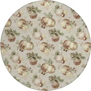 Photo of 8' Beige Brown And Ivory Round Botanical Leaves Washable Indoor Outdoor Area Rug