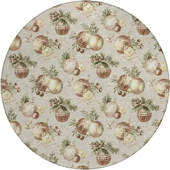 8' Beige Brown And Ivory Round Botanical Leaves Washable Indoor Outdoor Area Rug Photo 1