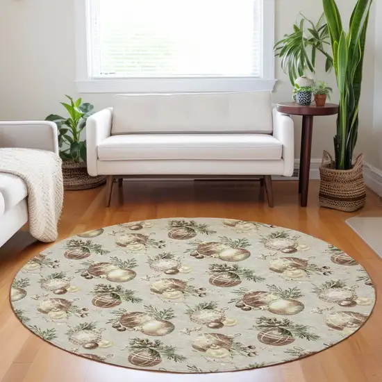 8' Beige Brown And Ivory Round Botanical Leaves Washable Indoor Outdoor Area Rug Photo 6