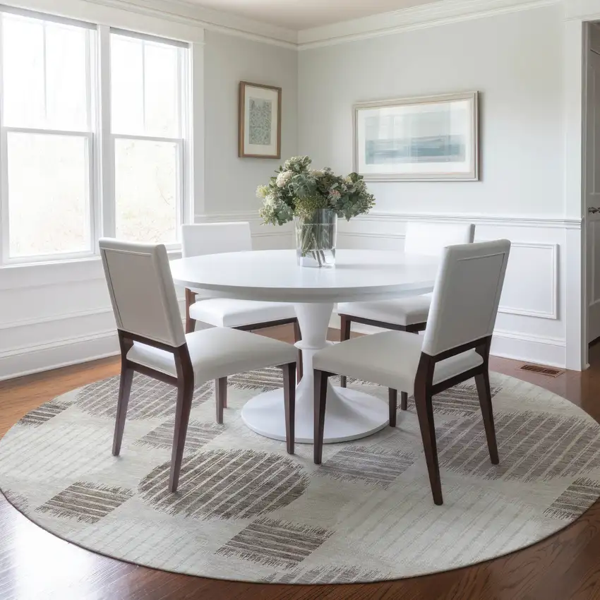 8' Beige Brown And Ivory Round Geometric Washable Indoor Outdoor Area Rug Photo 7