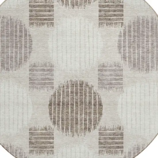 8' Beige Brown And Ivory Round Geometric Washable Indoor Outdoor Area Rug Photo 4