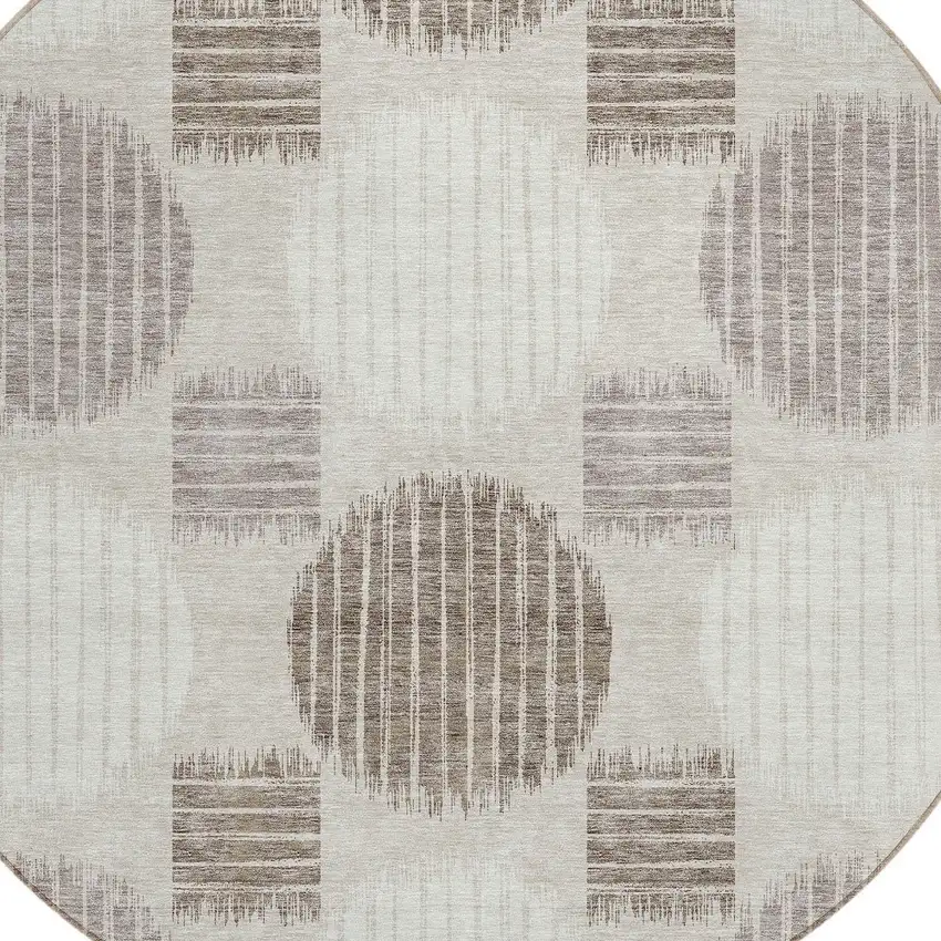 8' Beige Brown And Ivory Round Geometric Washable Indoor Outdoor Area Rug Photo 4