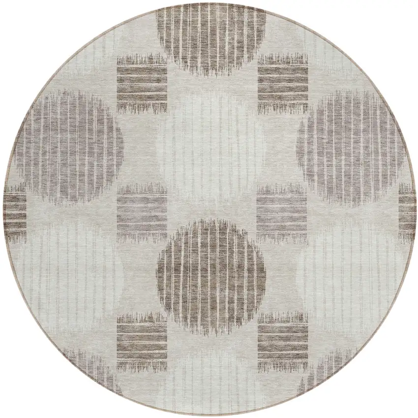 8' Beige Brown And Ivory Round Geometric Washable Indoor Outdoor Area Rug Photo 2