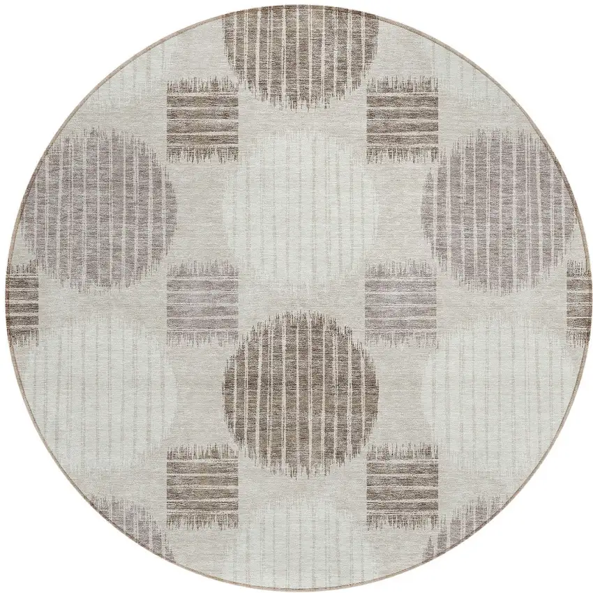 8' Beige Brown And Ivory Round Geometric Washable Indoor Outdoor Area Rug Photo 5