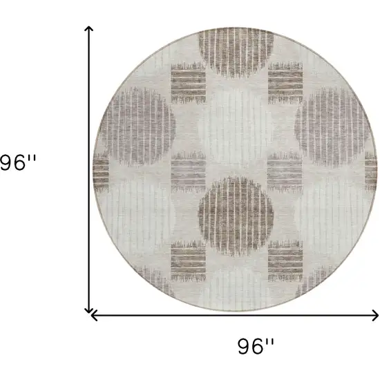 8' Beige Brown And Ivory Round Geometric Washable Indoor Outdoor Area Rug Photo 3
