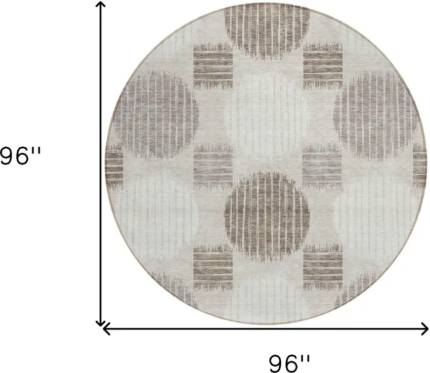 8' Beige Brown And Ivory Round Geometric Washable Indoor Outdoor Area Rug Photo 3