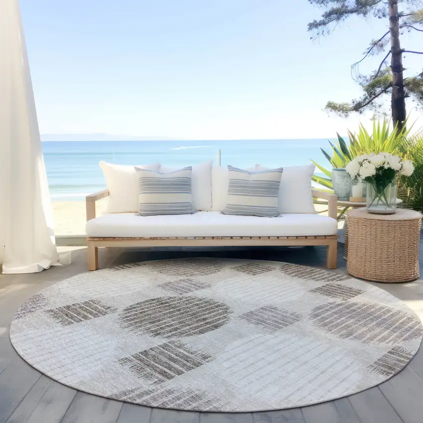 8' Beige Brown And Ivory Round Geometric Washable Indoor Outdoor Area Rug Photo 6