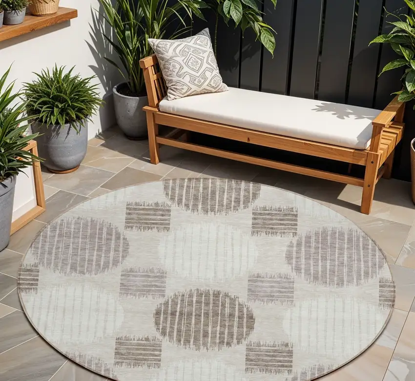 8' Beige Brown And Ivory Round Geometric Washable Indoor Outdoor Area Rug Photo 1