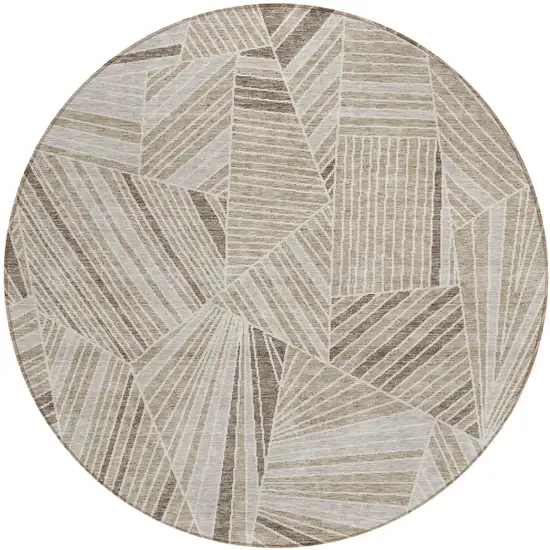 8' Beige Brown And Ivory Round Geometric Washable Indoor Outdoor Area Rug Photo 2