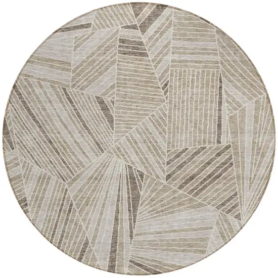 8' Beige Brown And Ivory Round Geometric Washable Indoor Outdoor Area Rug Photo 4