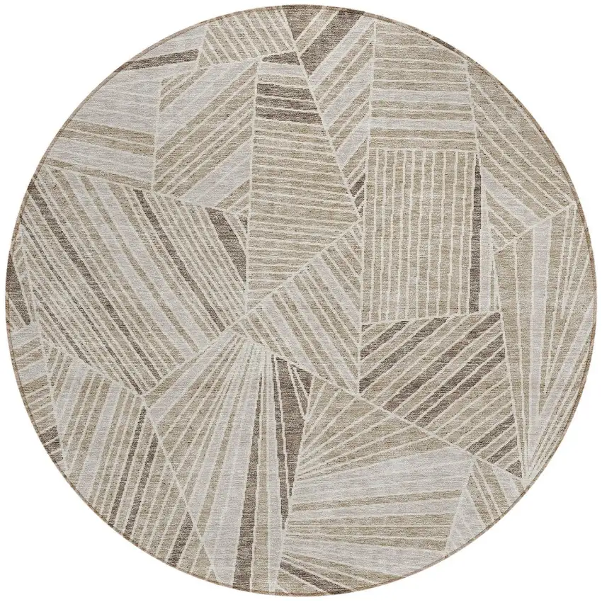 8' Beige Brown And Ivory Round Geometric Washable Indoor Outdoor Area Rug Photo 4