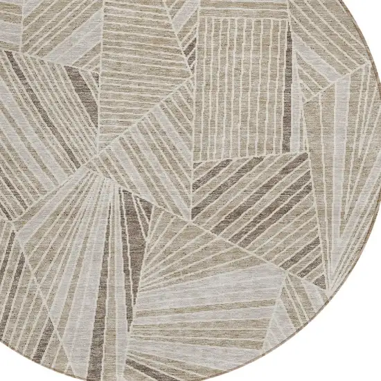 8' Beige Brown And Ivory Round Geometric Washable Indoor Outdoor Area Rug Photo 6