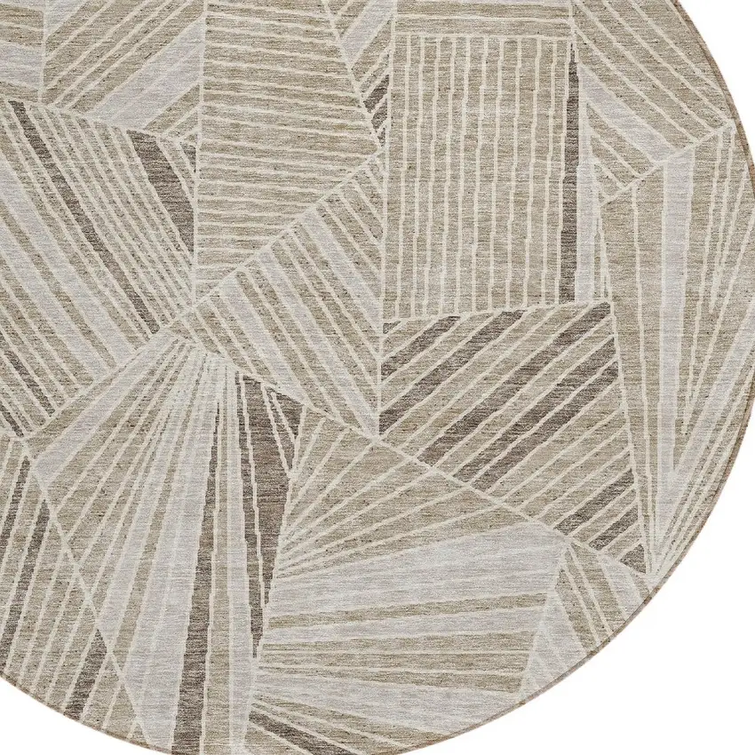8' Beige Brown And Ivory Round Geometric Washable Indoor Outdoor Area Rug Photo 6