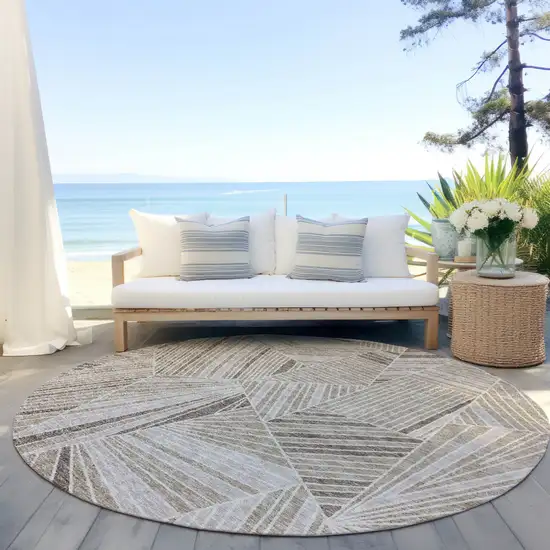 8' Beige Brown And Ivory Round Geometric Washable Indoor Outdoor Area Rug Photo 7