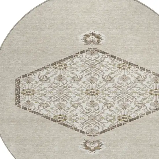 8' Beige Brown And Ivory Round Oriental Washable Indoor Outdoor Area Rug Photo 4