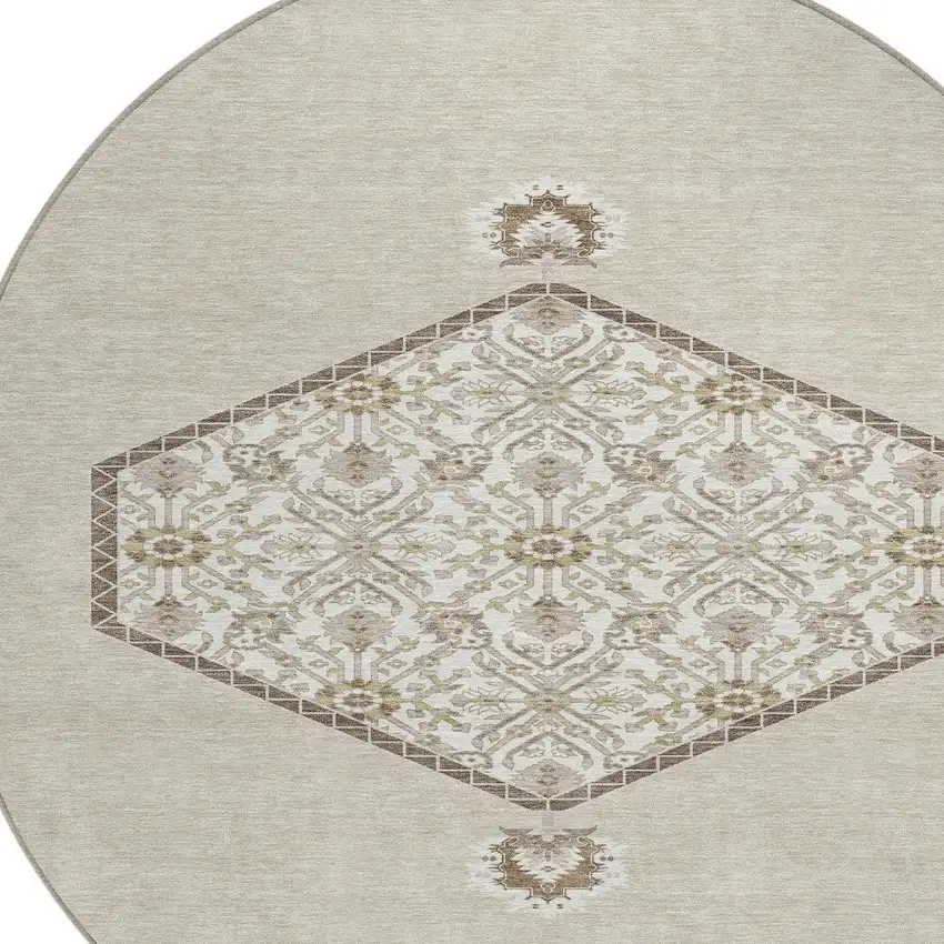 8' Beige Brown And Ivory Round Oriental Washable Indoor Outdoor Area Rug Photo 4
