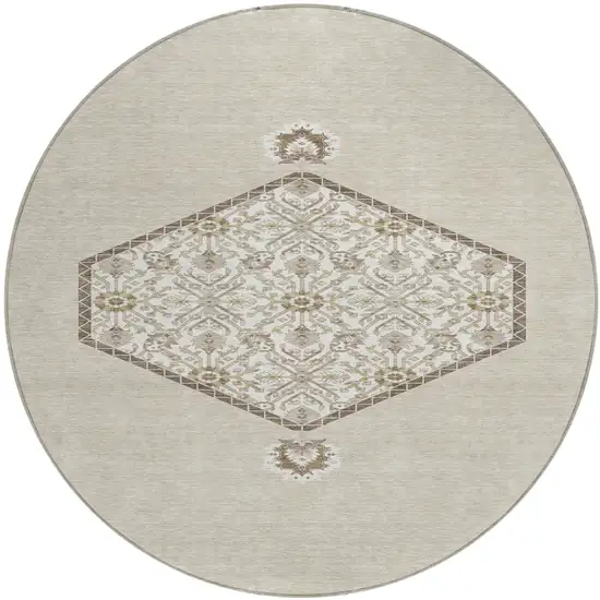 8' Beige Brown And Ivory Round Oriental Washable Indoor Outdoor Area Rug Photo 2