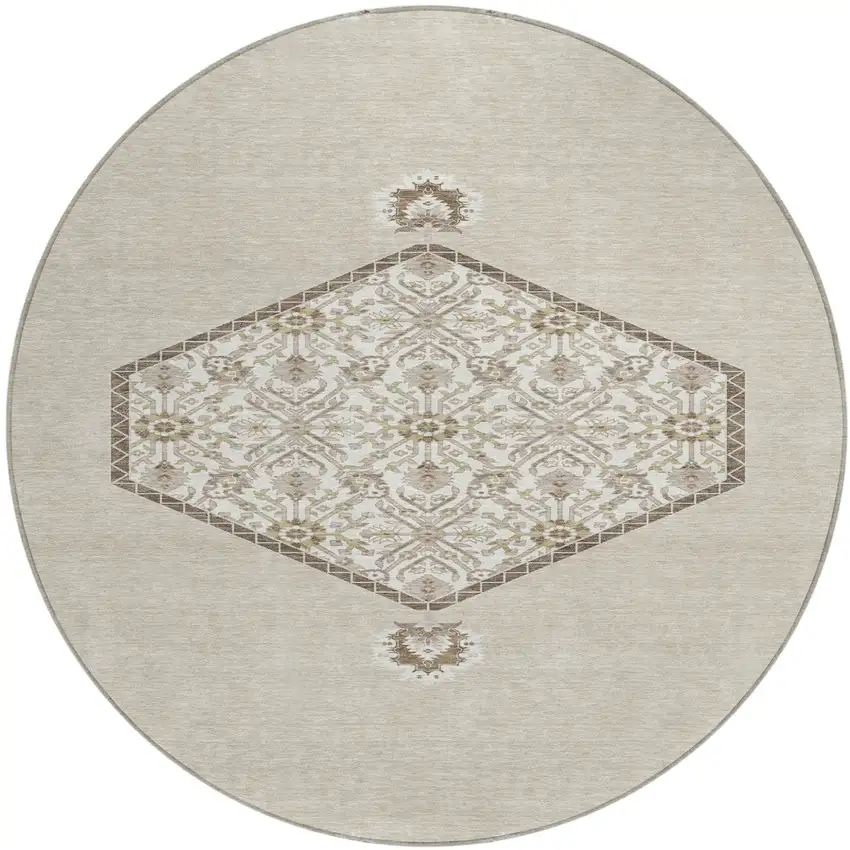 8' Beige Brown And Ivory Round Oriental Washable Indoor Outdoor Area Rug Photo 2