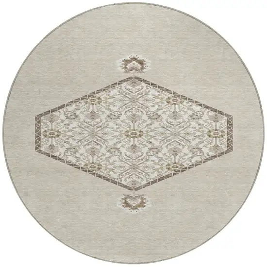 8' Beige Brown And Ivory Round Oriental Washable Indoor Outdoor Area Rug Photo 5