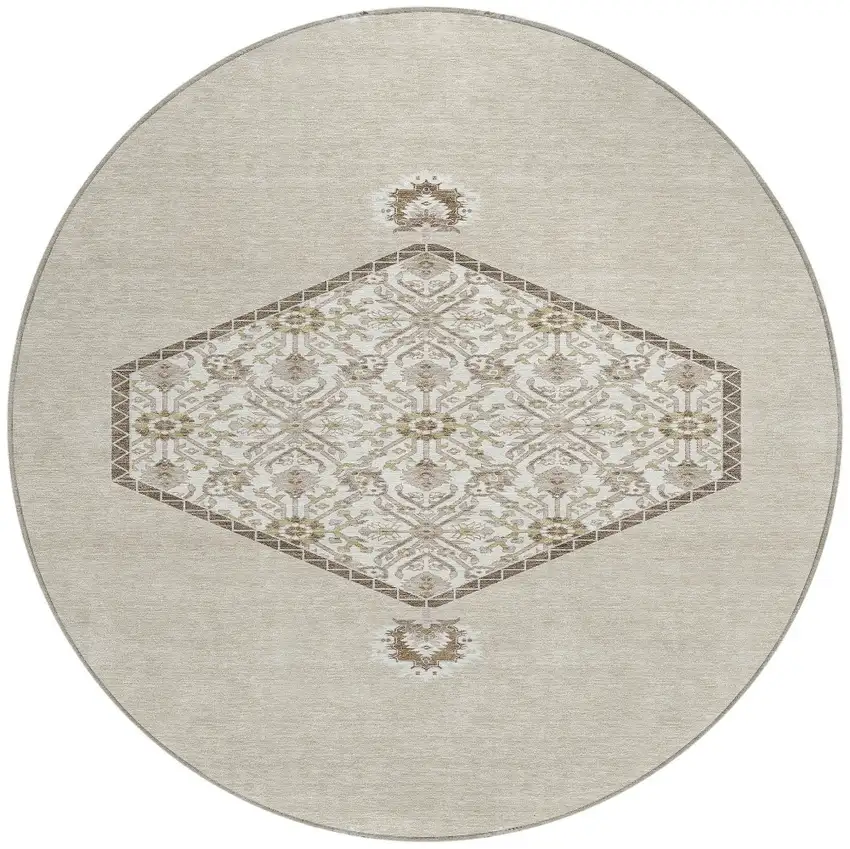 8' Beige Brown And Ivory Round Oriental Washable Indoor Outdoor Area Rug Photo 5