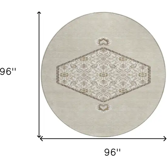 8' Beige Brown And Ivory Round Oriental Washable Indoor Outdoor Area Rug Photo 3