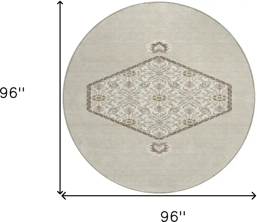 8' Beige Brown And Ivory Round Oriental Washable Indoor Outdoor Area Rug Photo 3