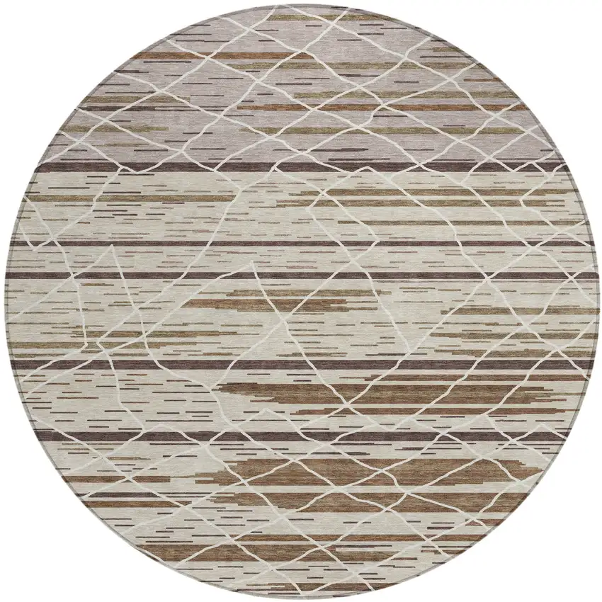8' Beige Brown And Ivory Round Striped Washable Indoor Outdoor Area Rug Photo 2