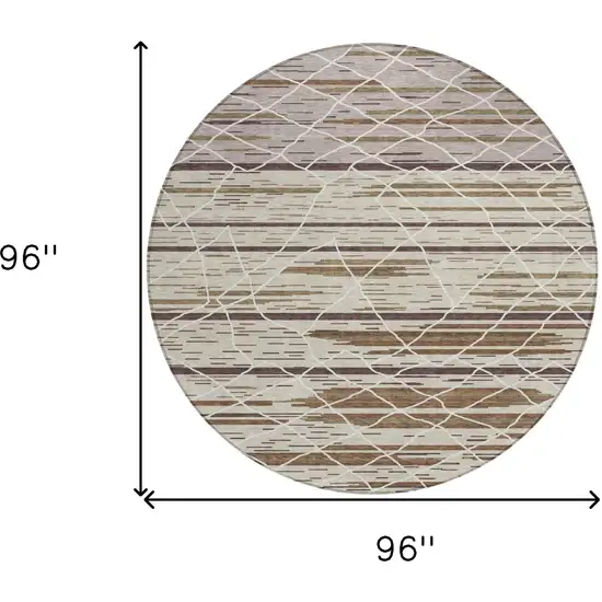 8' Beige Brown And Ivory Round Striped Washable Indoor Outdoor Area Rug Photo 3