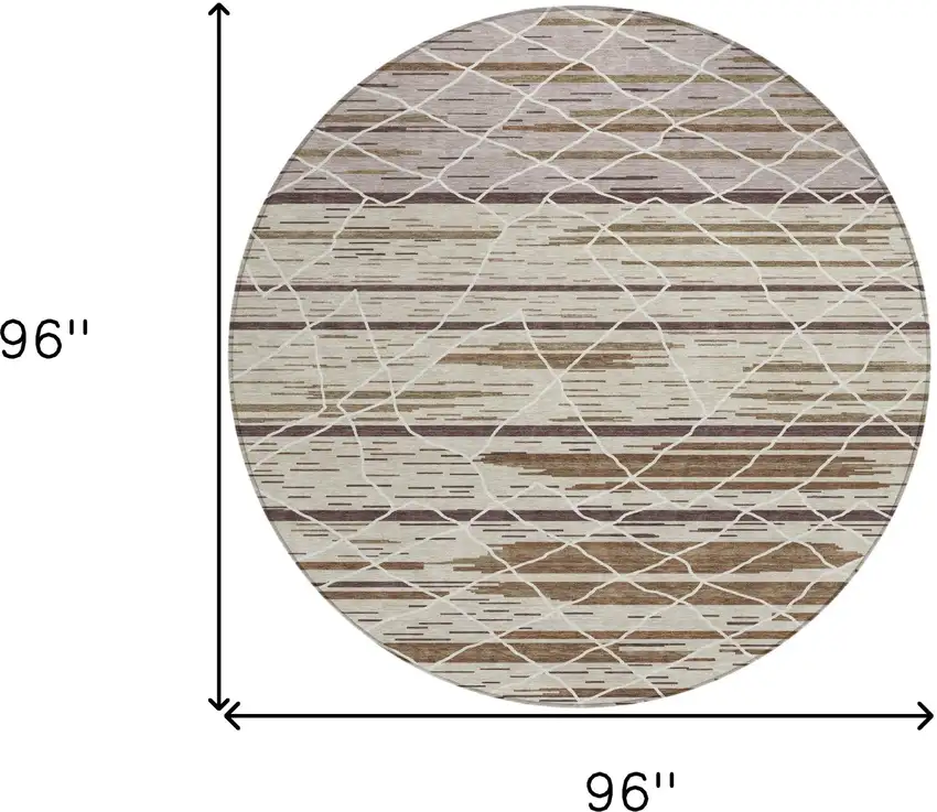 8' Beige Brown And Ivory Round Striped Washable Indoor Outdoor Area Rug Photo 3