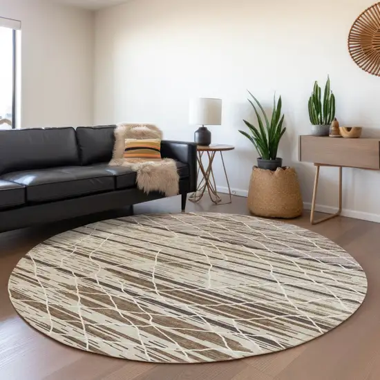 8' Beige Brown And Ivory Round Striped Washable Indoor Outdoor Area Rug Photo 8