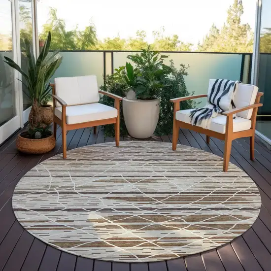 8' Beige Brown And Ivory Round Striped Washable Indoor Outdoor Area Rug Photo 7