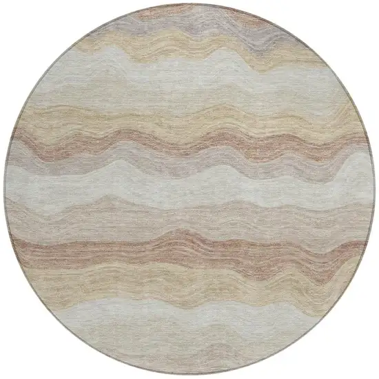 8' Beige Brown And Ivory Round Striped Washable Indoor Outdoor Area Rug Photo 3