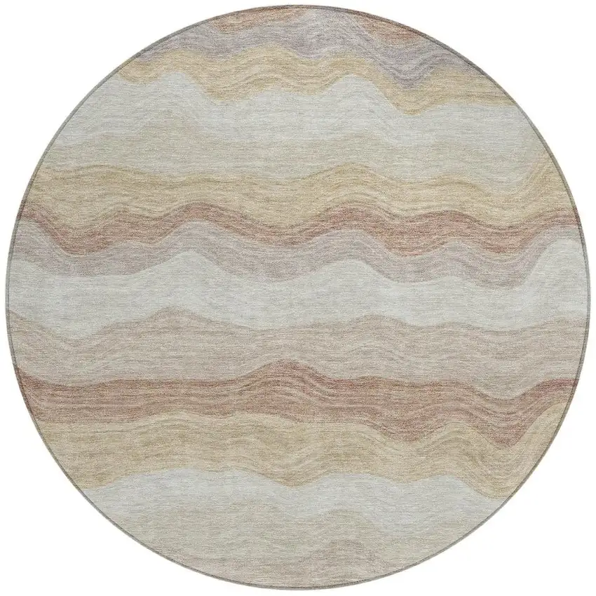 8' Beige Brown And Ivory Round Striped Washable Indoor Outdoor Area Rug Photo 3