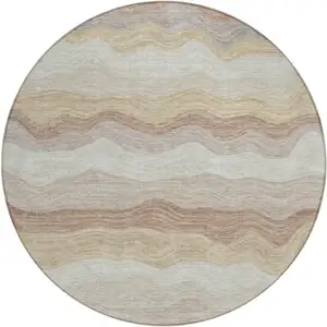 Photo of 8' Beige Brown And Ivory Round Striped Washable Indoor Outdoor Area Rug