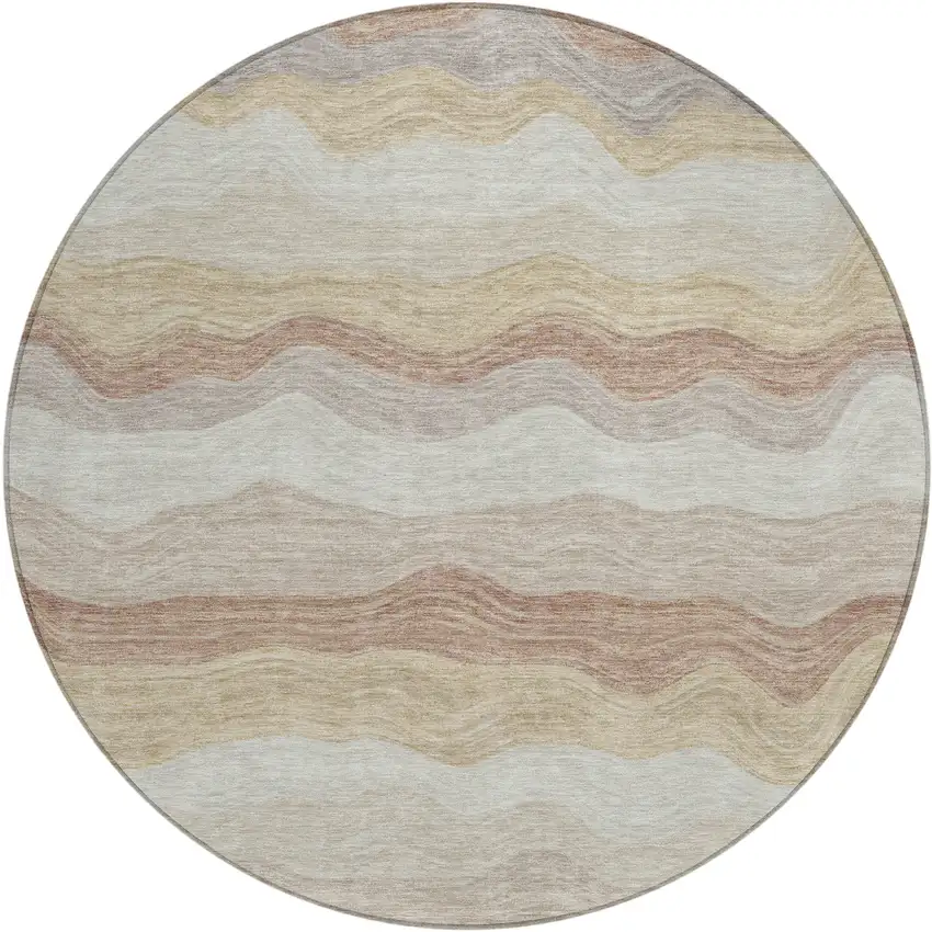 8' Beige Brown And Ivory Round Striped Washable Indoor Outdoor Area Rug Photo 1