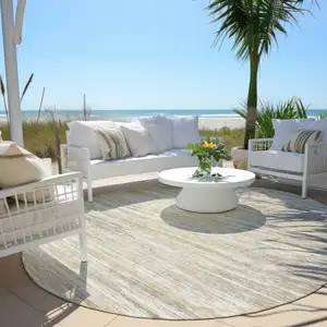 Photo of 8' Beige Brown And Ivory Round Striped Washable Indoor Outdoor Area Rug