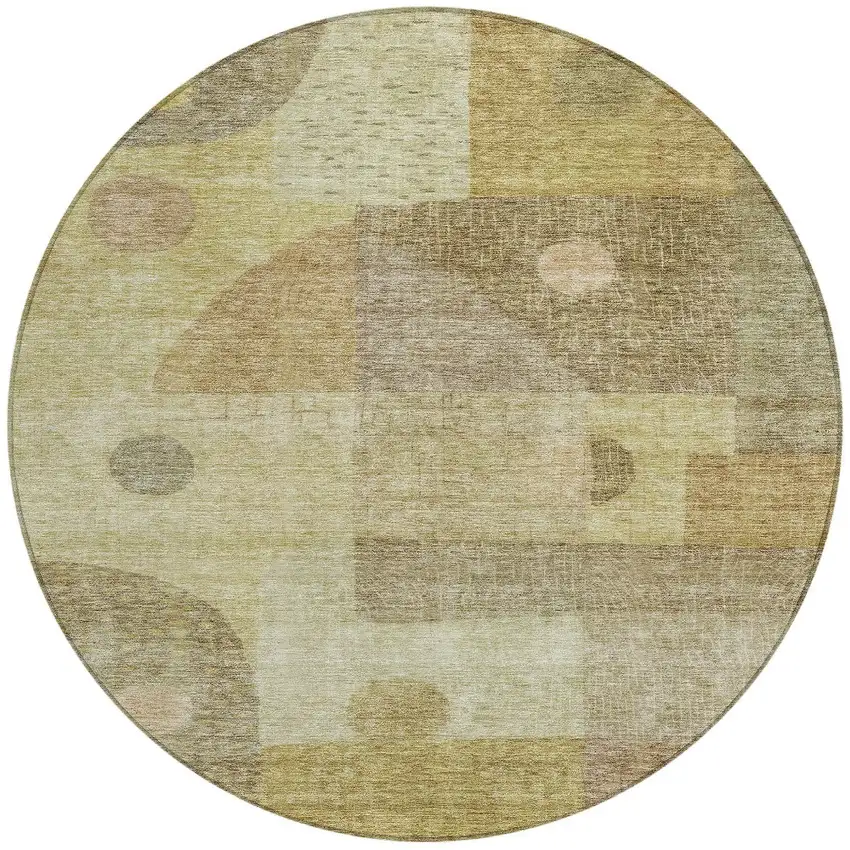 8' Beige Brown And Light Green Round Geometric Washable Indoor Outdoor Area Rug Photo 5