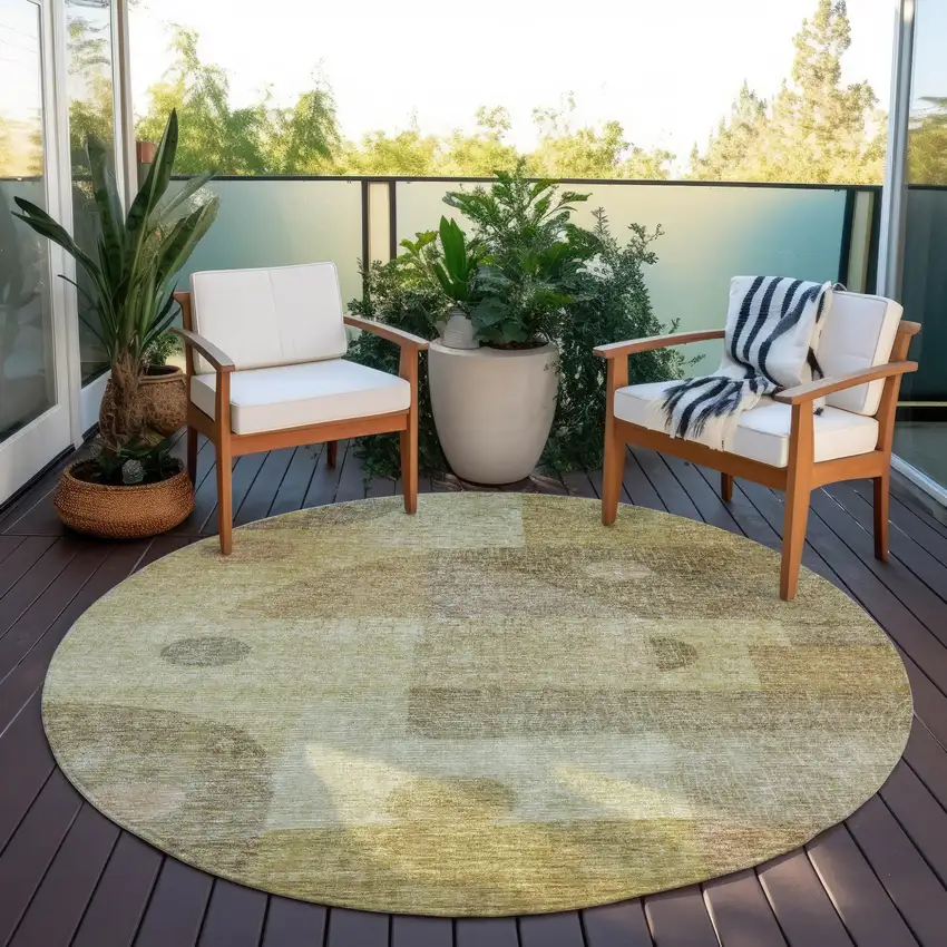 8' Beige Brown And Light Green Round Geometric Washable Indoor Outdoor Area Rug Photo 7