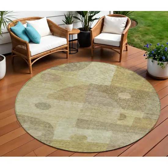 8' Beige Brown And Light Green Round Geometric Washable Indoor Outdoor Area Rug Photo 1
