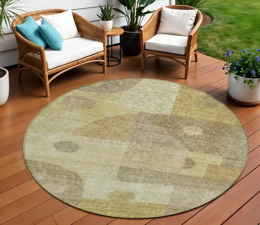 8' Beige Brown And Light Green Round Geometric Washable Indoor Outdoor Area Rug Photo 1