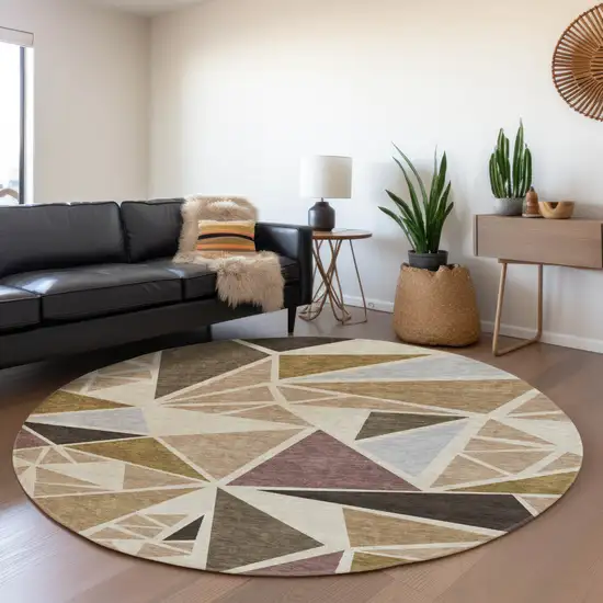 8' Beige Brown And Mauve Geometric Washable Round Rug With UV Protection Photo 4